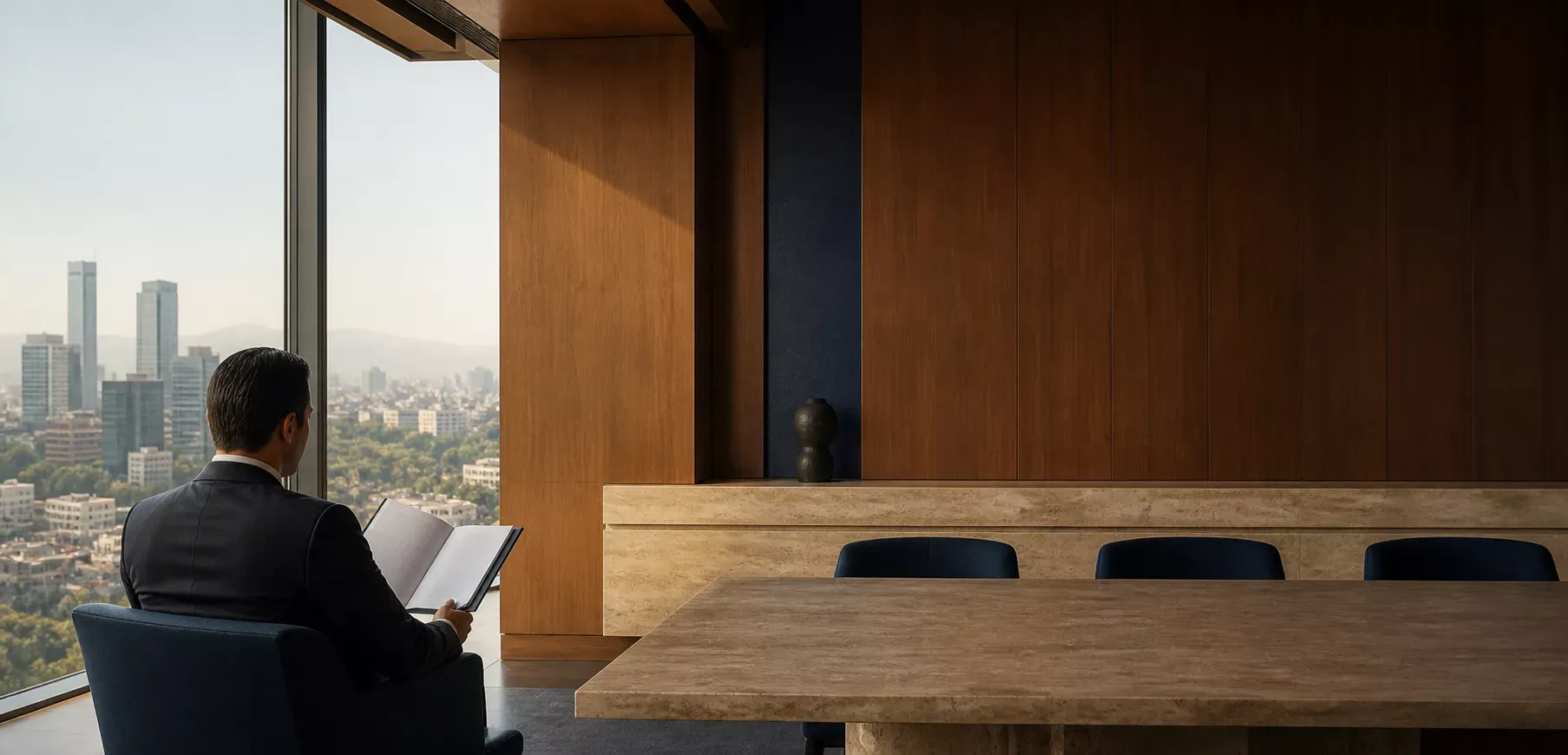 Sala de juntas con vista a la Ciudad de México al atardecer